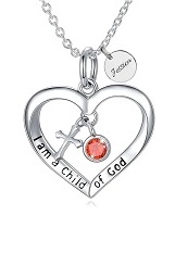 teensy silver engraved cross baby January birthstone necklace